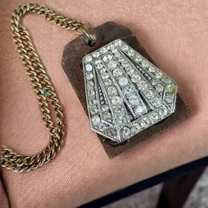 Repurposed Hand Crafted Vintage Dress Clip Rhinestone Leather Tag Necklace